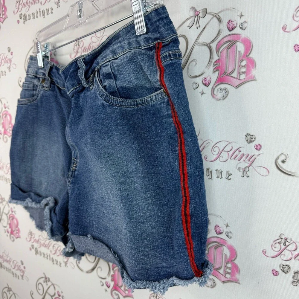 Mystyle shorts Jean stripes side Dark Blue Denim Shorts with Red Side Stripe
